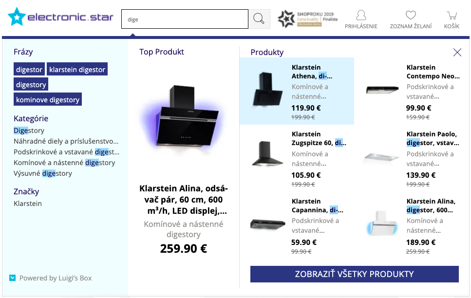 Search with Autcomplete on Electronicstar website.